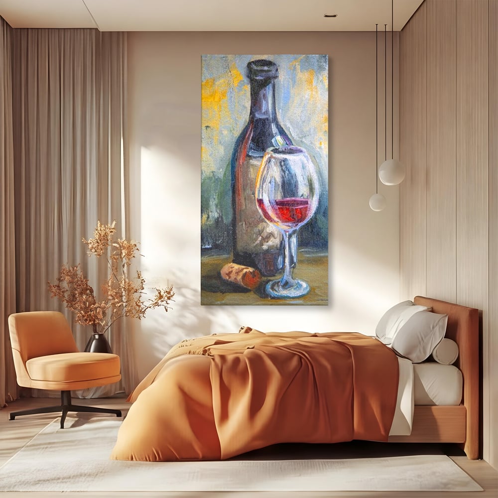 Tablou Canvas Pictura cu Sticla de Vin si Pahar, Gri si Maro, N1015